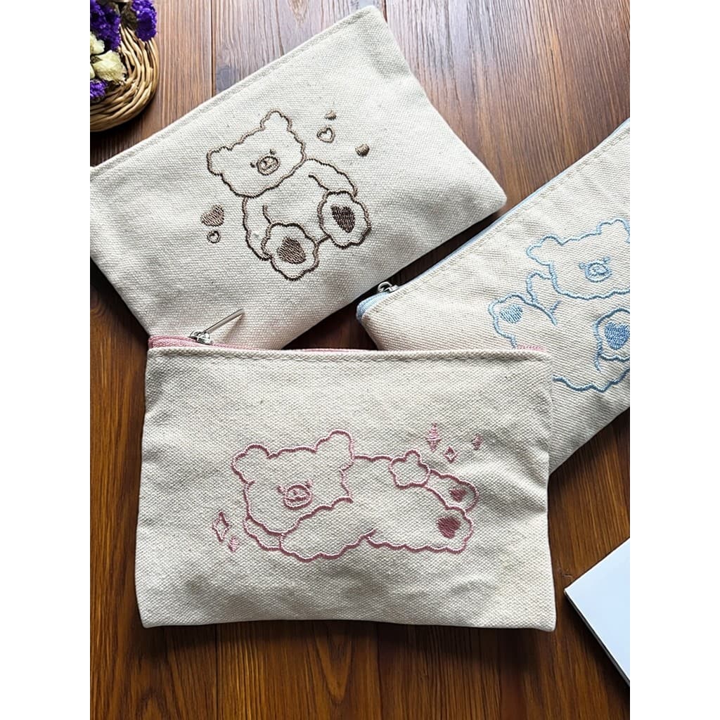 Coreano coreano simples dos desenhos animados bordado urso saco cosmético lona moeda bolsa bonito menina coração goma di