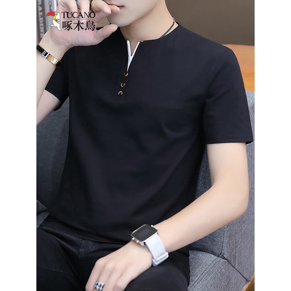 Woodpecker verão manga curta algodão camiseta masculina versão coreana magro-ajuste com decote em V meia manga camiseta