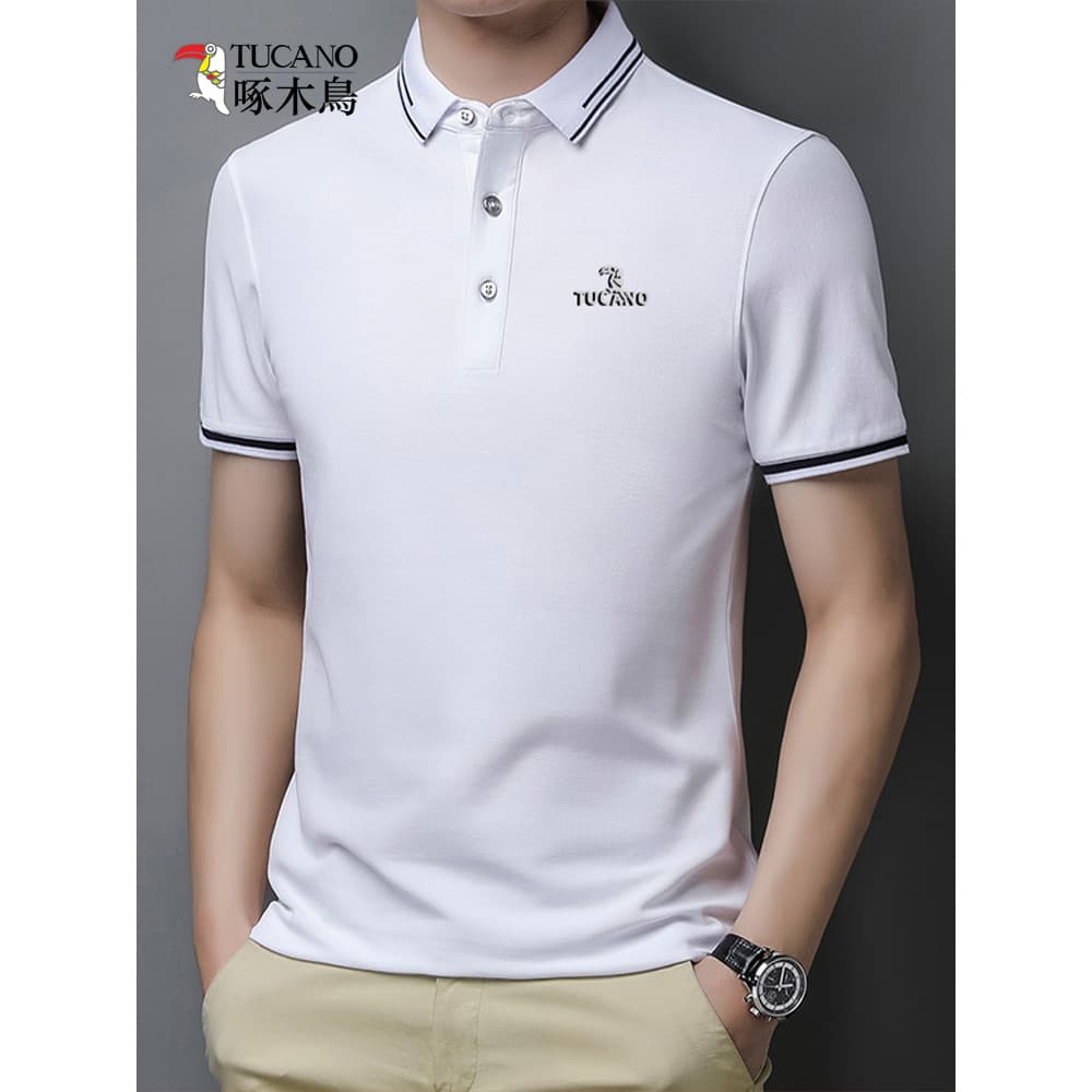 Woodpecker verão manga curta lapela camiseta masculina POLO negócios Casual cor sólida magro ajuste frisado algodão topo