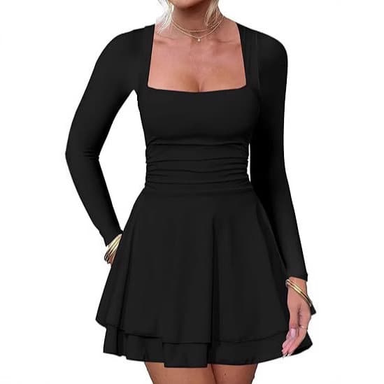 Vestido feminino com decote quadrado e bainha plissada, cintura estreita, manga comprida, Skinny, curto, vestido de fest
