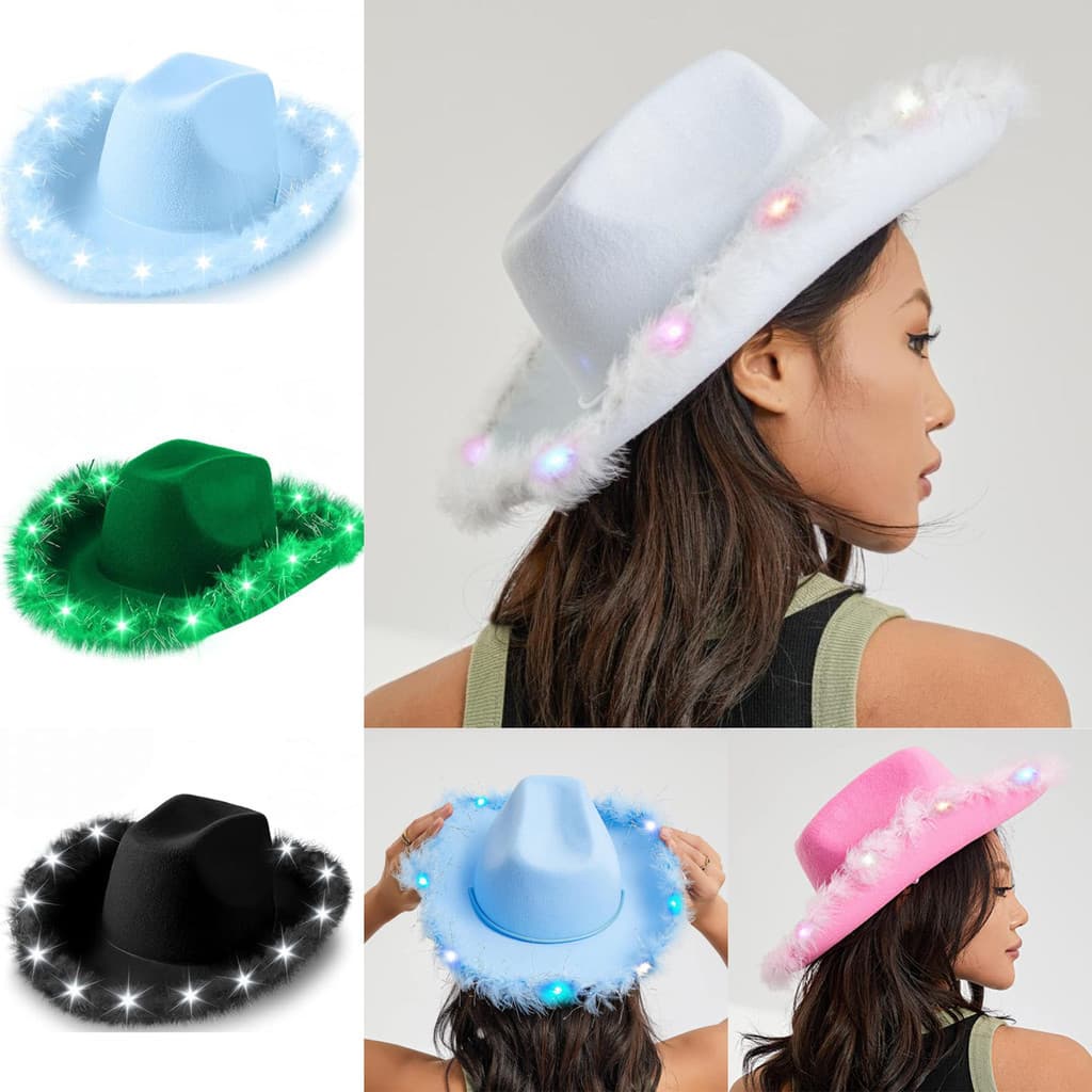 1 chapéu de cowboy com luzes LED |     Vestido de cowgirl com decorações de penas fofas, perfeito para comparecer a even