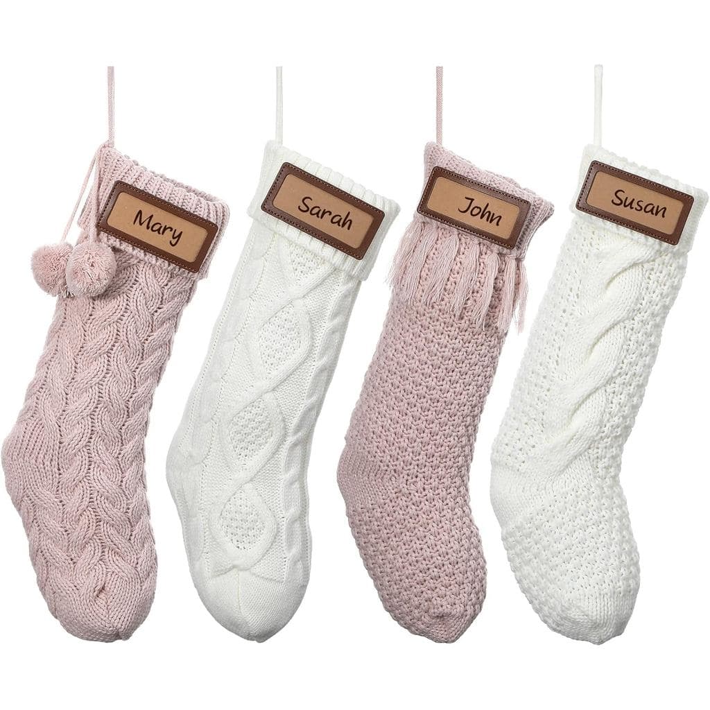 Conjunto de 4 Meias de Natal Personalizadas em Tricô com Nome Personalizado em Couro, 18 polegadas, Meia de Natal Grande