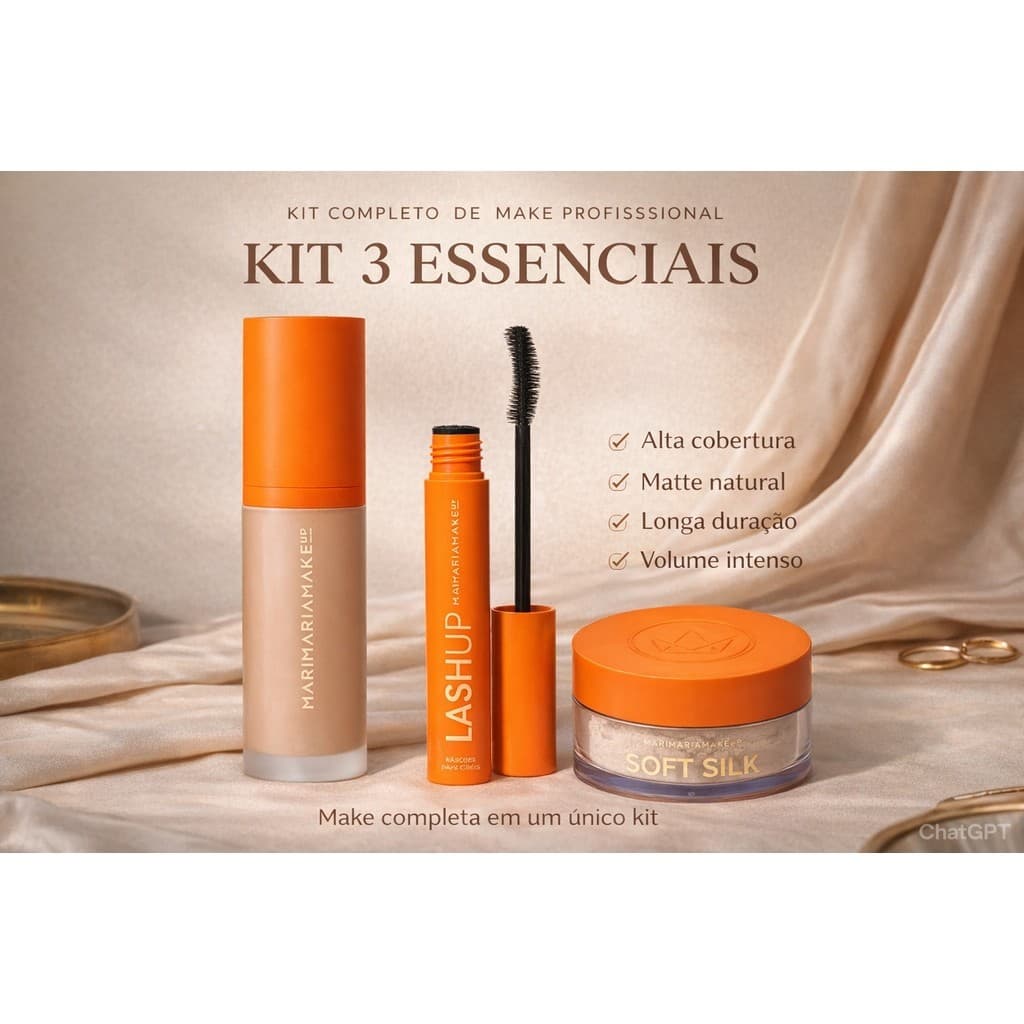 Kit Mari Maria 3 Essenciais Base Velvet Skin + Pó Soft Silk + Máscara Lash Up