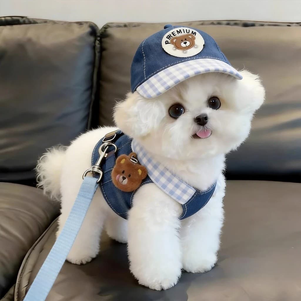 2026 Brasil Novo estilo de conjunto jeans para animais de estimação, com lindo chapéu protetor solar para guarda-sol, co