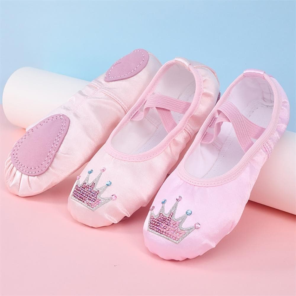 Sapatos de Balé com Bordado de Coroa de Desenho Animado para Crianças, Sola Macia Profissional para Meninas e Mulheres,