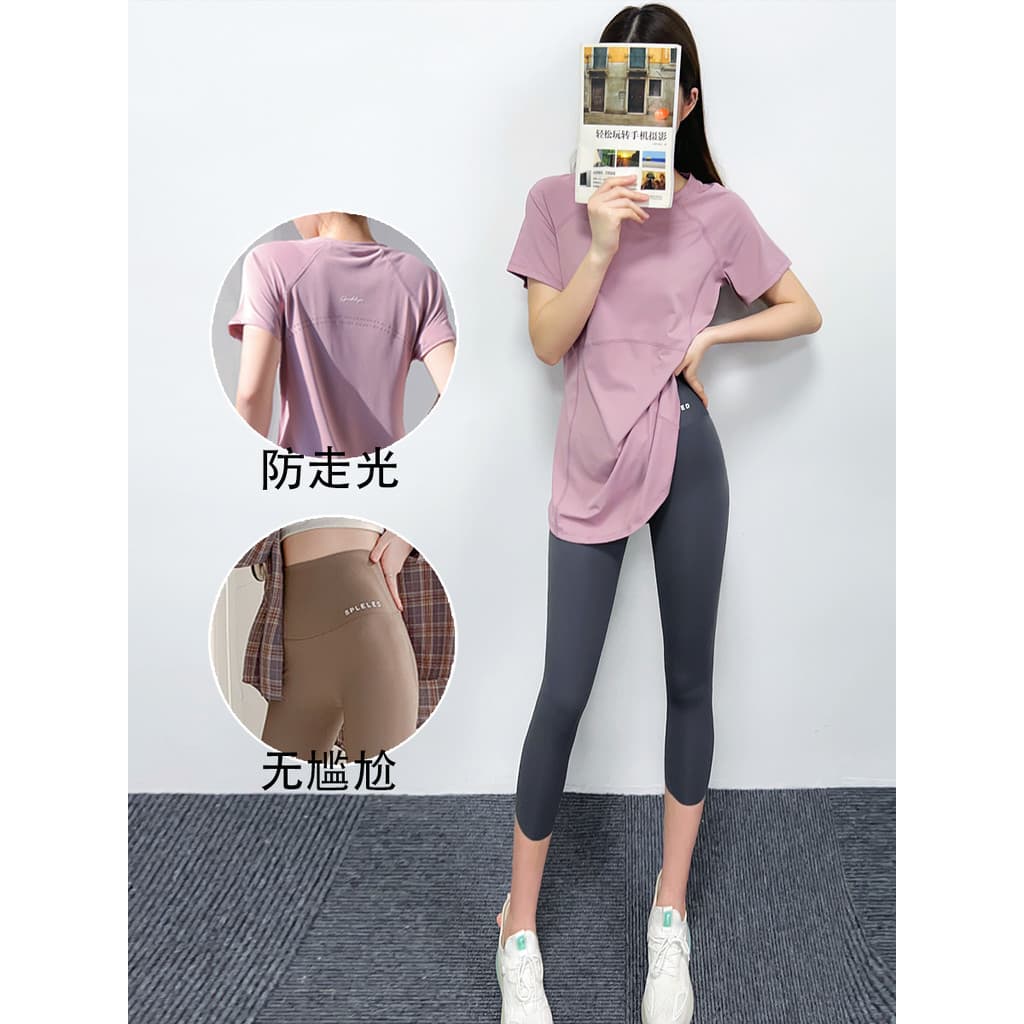 Terno de fitness feminino verão cortado calças de yoga tubarão Leggings solto Hip cobrindo esportes camiseta fitness wea