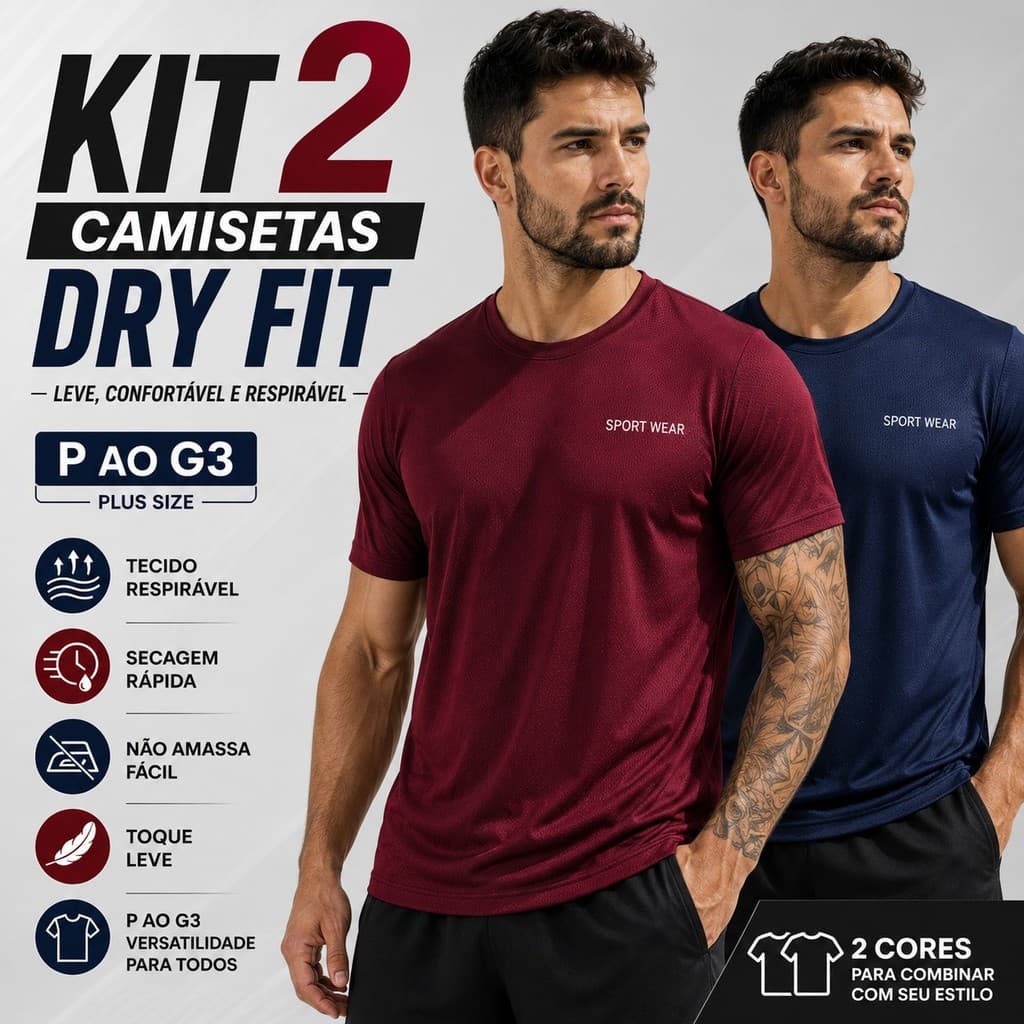 Kit 2 Peças Camisetas Masculinas Oversized Dry Fit Furadinho Academia Poliester Com Elastano Premium P Ao G3