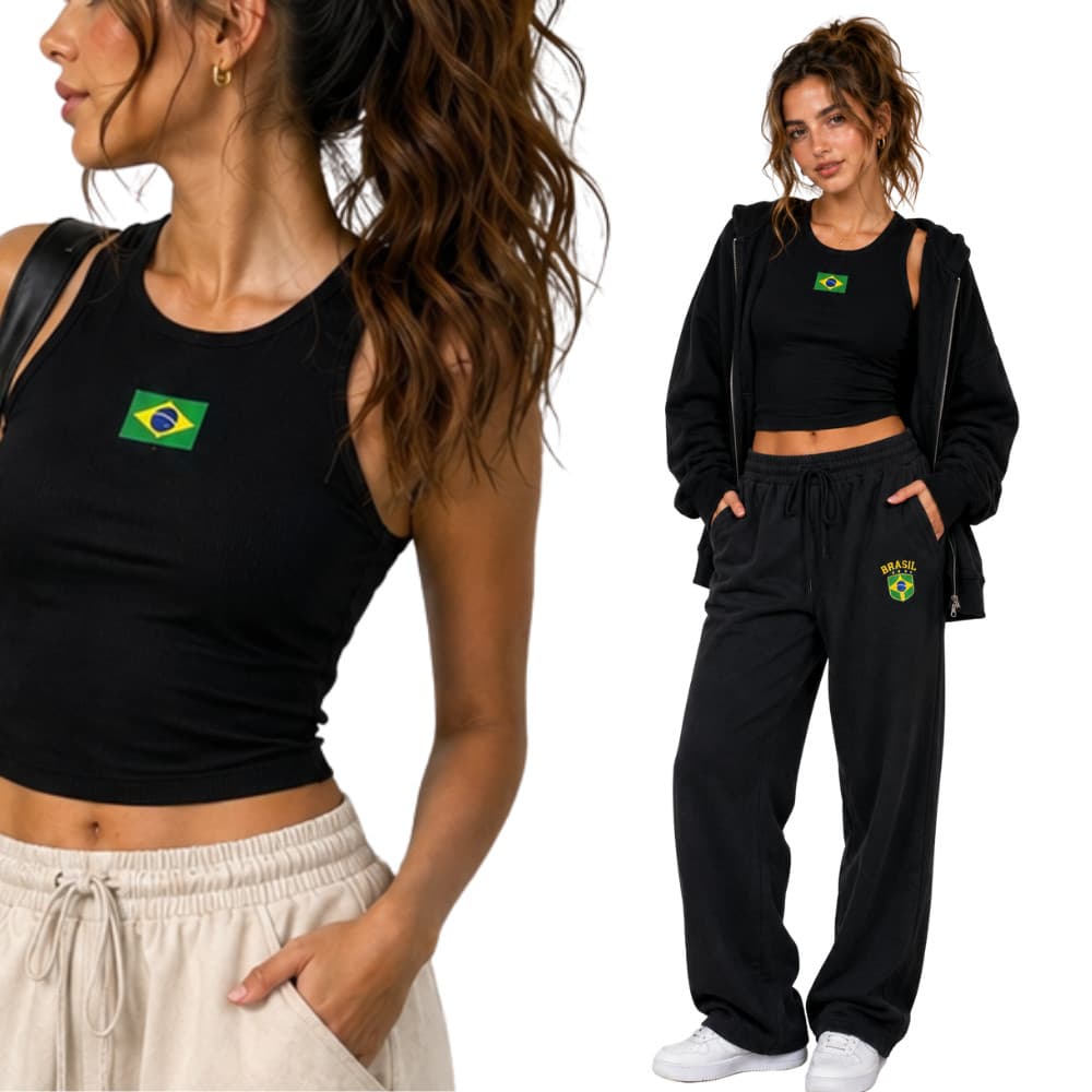 Copa Brasil- Regata Cropped e Longa Canelado Estampa do Brasil, Bandeira, Feminino, Casual, Estilosa