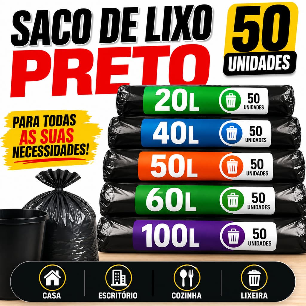 Sacos de Lixo em tamanhos variados  100L | 60L | 40L | 20L - Envio Imediato - Kit com 50 ou 100 un.