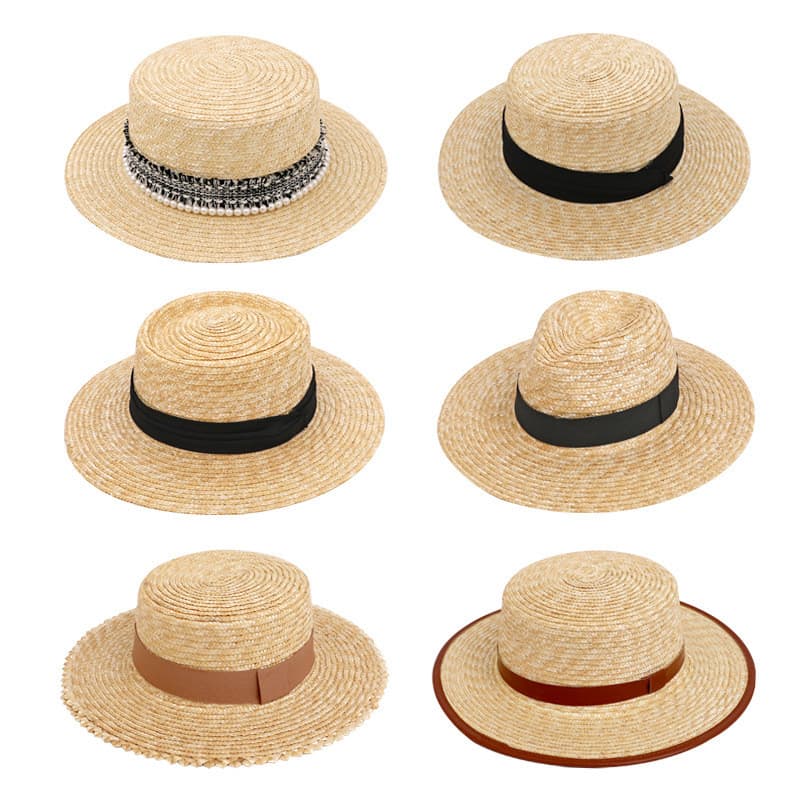 Chapéu de palha de trigo francês britânico panamá chapéu de palha plana feminino férias de verão à beira-mar praia tricô