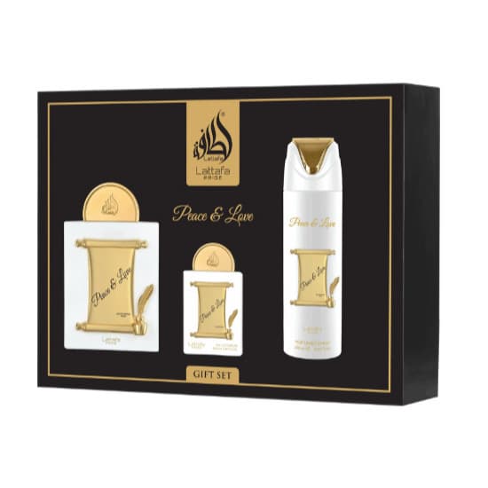 Kit de Perfume e Desodorante Corporal Árabe Lattafa Peace & Love Gift Set Eau de Parfum Unissex - 3 Unidades