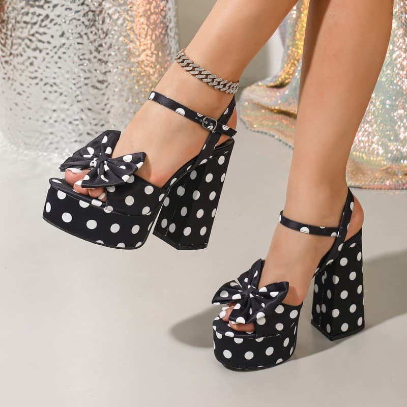 Sapatos de salto comércio exterior preto branco bolinhas arco 13cm grosso salto alto grosso plataforma à prova dwaterpro