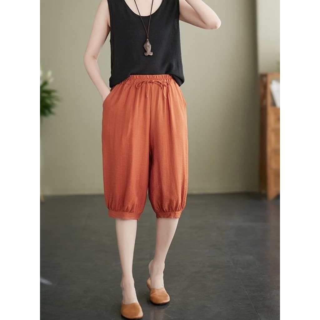 Tencel algodão linho calças femininas 2026 verão novo estilo solto tamanho grande cortado Harem calças médias seis ponto