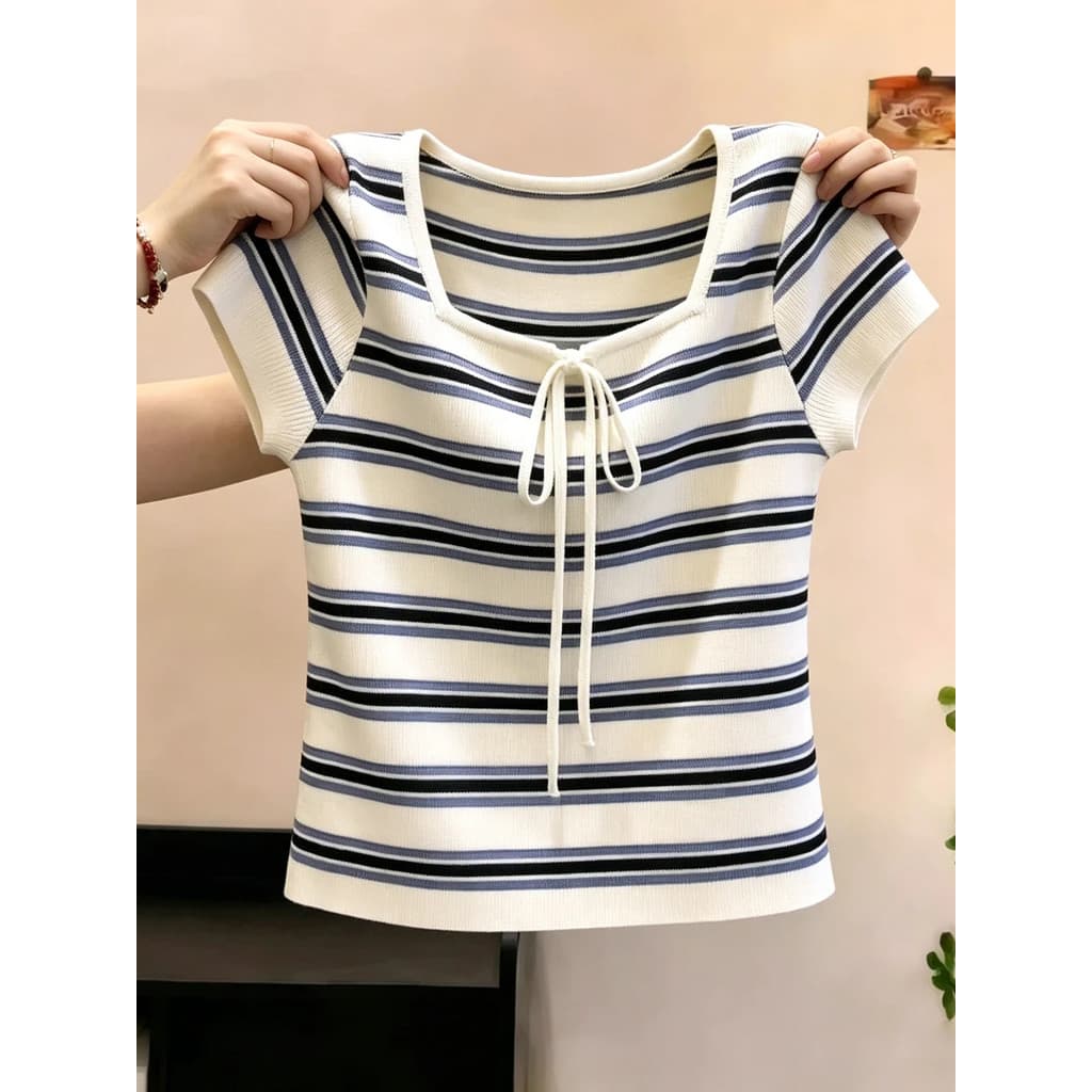 Solto mais magro olhar [40-100kg] francês quadrado pescoço listrado gelo seda manga curta camiseta feminina verão rendas