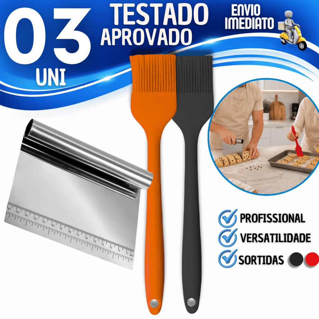 Kit Espátula Cortador Raspador de Massa e Pincel Culinário Churrasco Pão Artesanal Gourmet Panificação Profissional