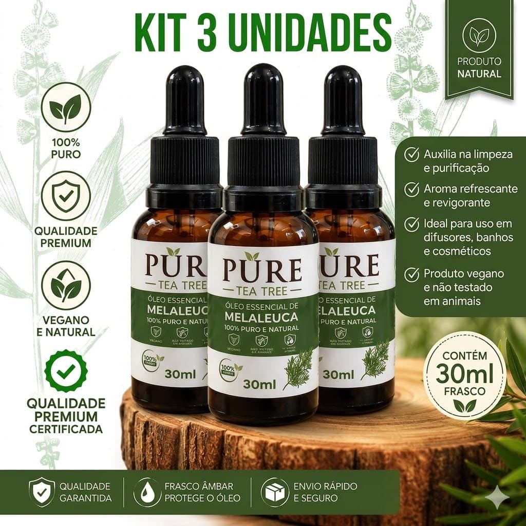 Óleo Essencial Melaleuca 30ml 100% Puro Tea Tree Para Acne Oleosidade Unhas Aromaterapia / Kit 1 2 3 unidades
