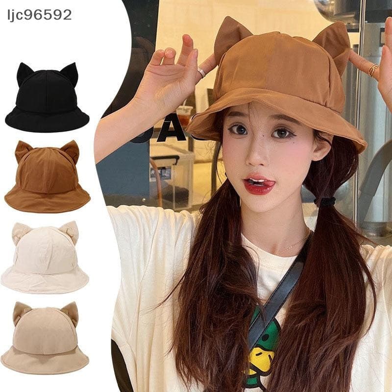 [ljc] Chapéu Balde Quente Feminino Bonito Orelha De Gato Boné De Pescador Outono Inverno Chapéus Para Mulheres Design De