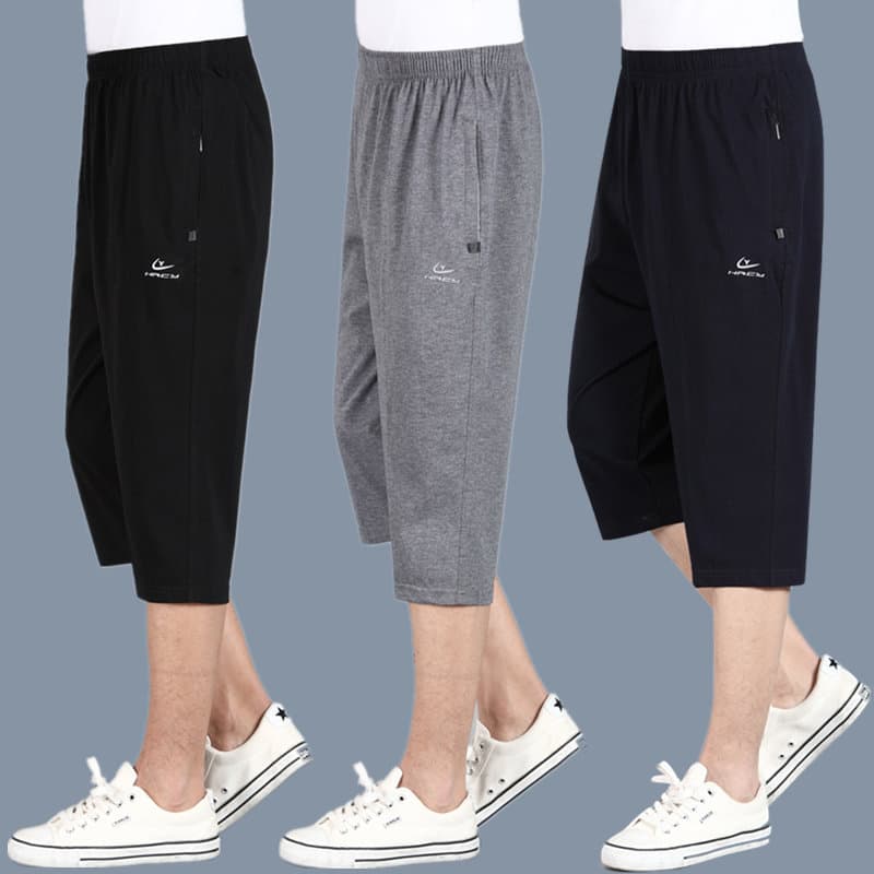 Calças cortadas para idosos de meia-idade, Shorts esportivos masculinos, verão, fino, solto, algodão puro, pai, calças d