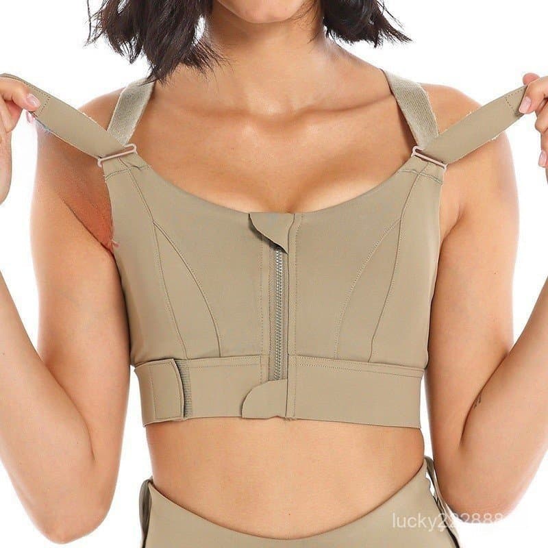 GUOJH Women Sports Bras Tight Pants Top Crop Yoga Vest with Front Zipper Plus Size Adjustable Strap Shockproof Gym Fitne