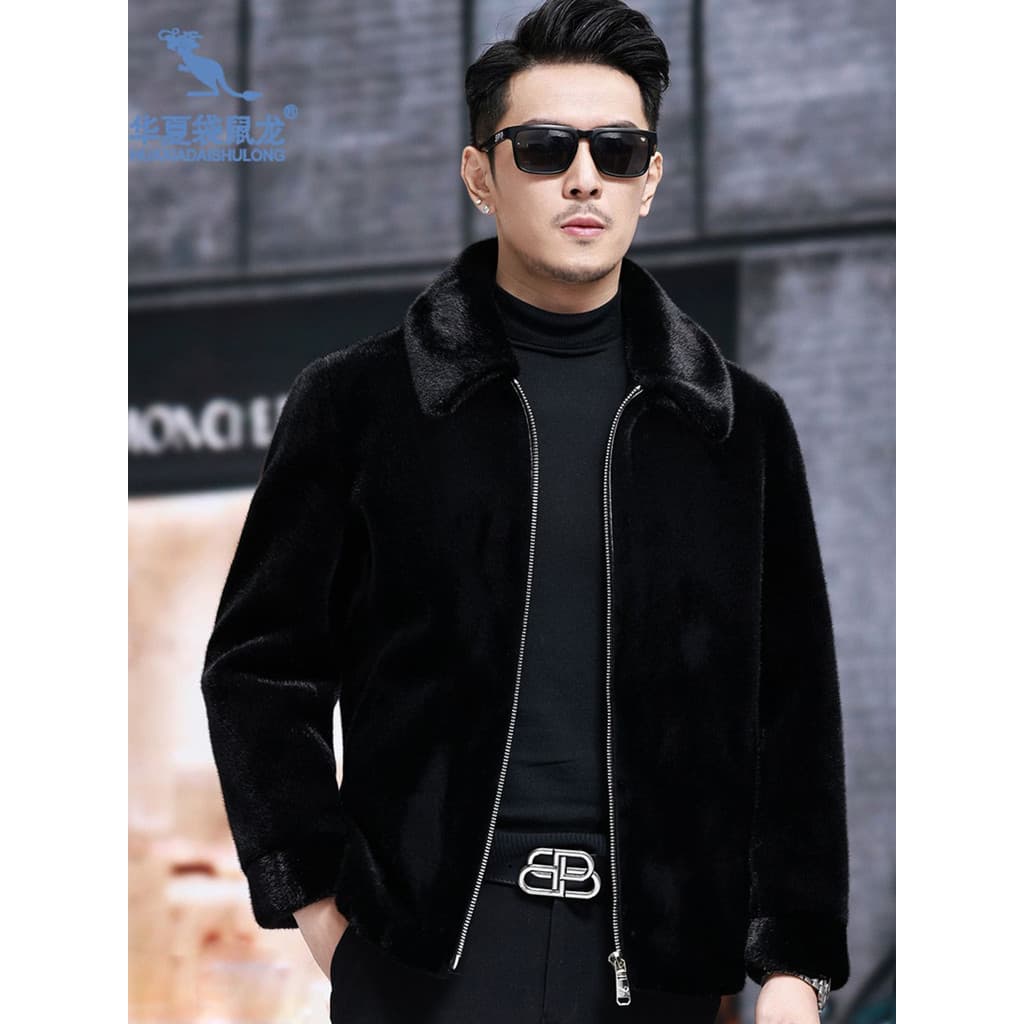 Casaco de vison masculino lapela inverno jaqueta masculina de meia-idade pele de vison falso casaco de lã de vison doura
