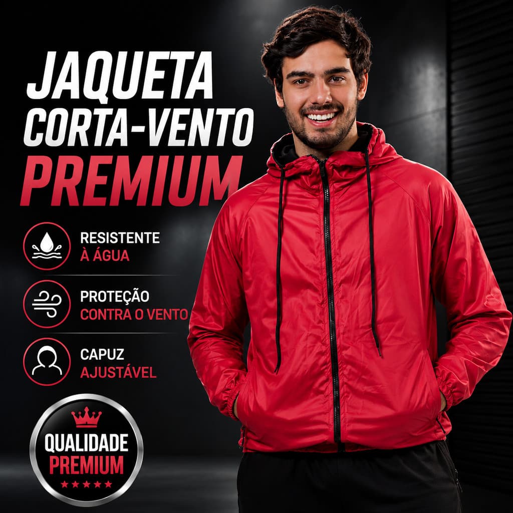 Jaqueta Corta Vento Masculina Sport Térmica UV50 Vermelha Capuz