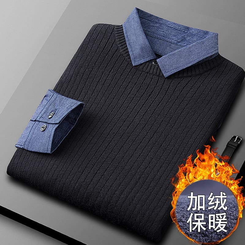 Camisa jeans masculina de inverno gola falsa suéter de duas peças suéter masculino de manga comprida pulôver forro engro