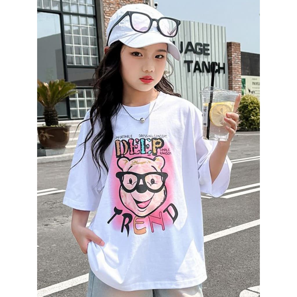 Algodão puro meninas verão de manga curta 2026 novo estilo moda crianças estilo verão grandes meninas dos desenhos anima