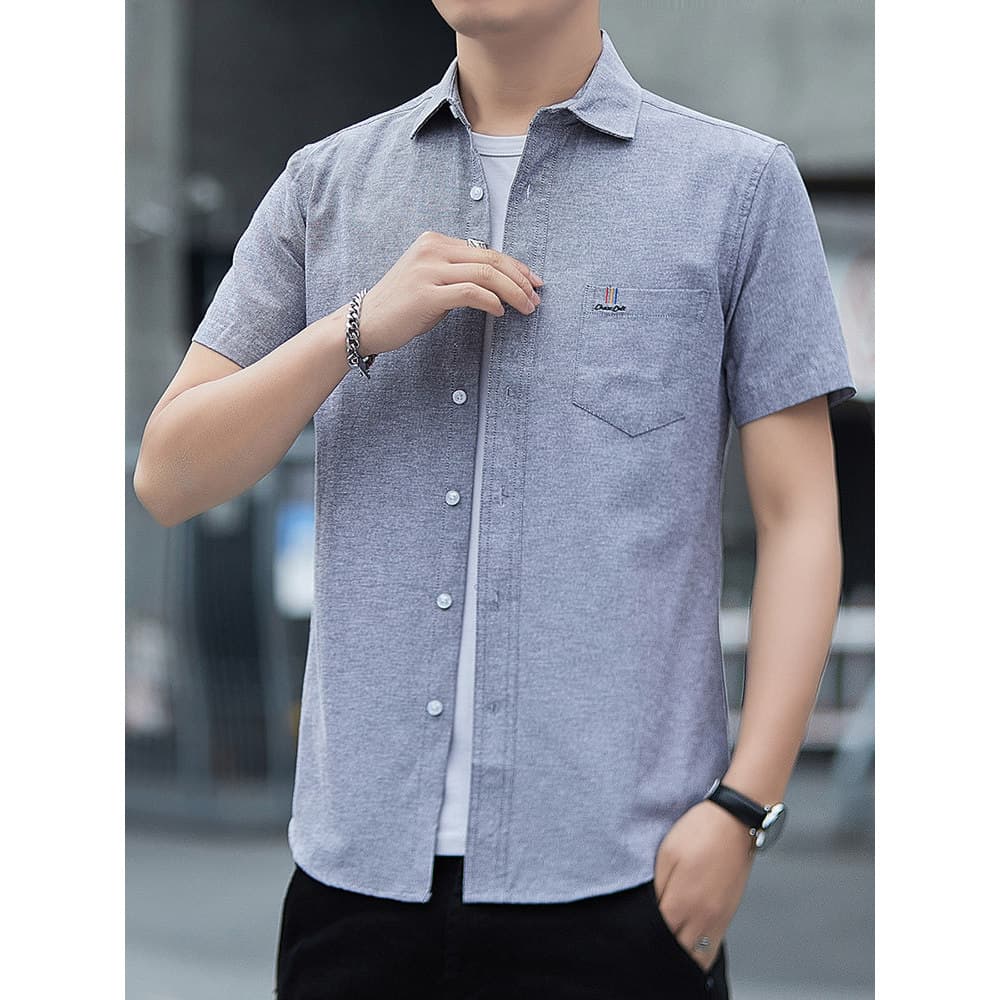 Camisa fina All-Match masculina meia manga verão cor sólida puro algodão Casual fino ajuste negócios O