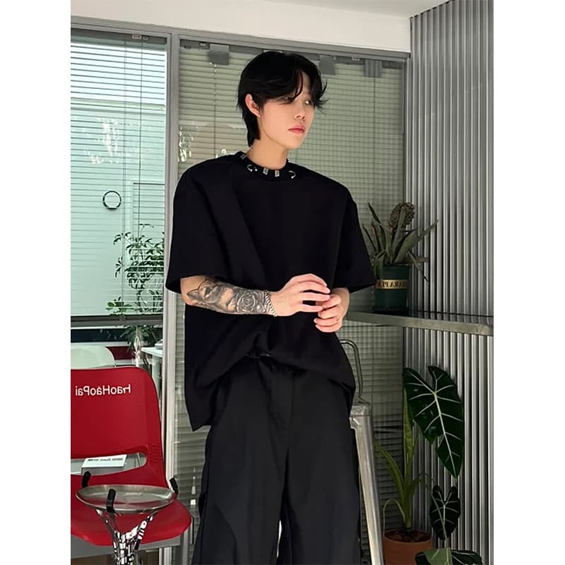 Nicho Metal botão ombreiras de manga curta camiseta masculina americana High street Wear meia manga solta Casual pequeno
