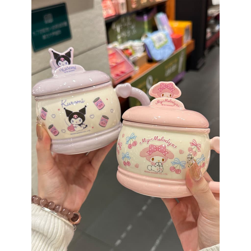 Sanrio caneca de cerâmica de desenho animado com tampa, copo de água para meninas, café da manhã doméstico de alto valor