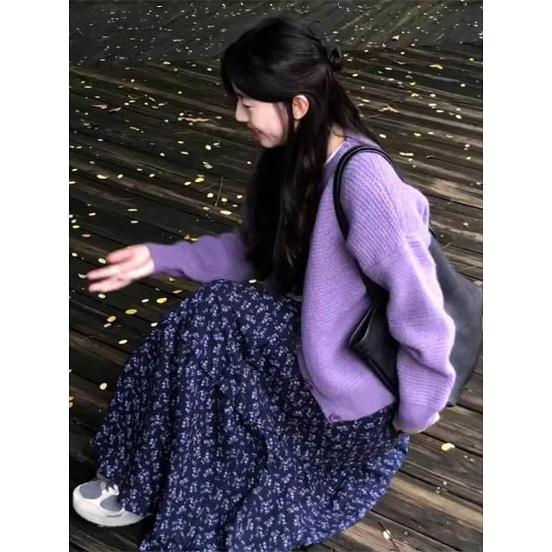 Estilo coreano Retro Floral roxo flor saia feminina primavera verão 2026 novo estilo cintura alta a linha saia Casual es