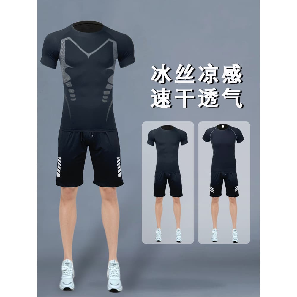 Terno esportivo masculino de seda gelo verão novo estilo roupas de secagem rápida correndo de manga curta roupas de Fitn