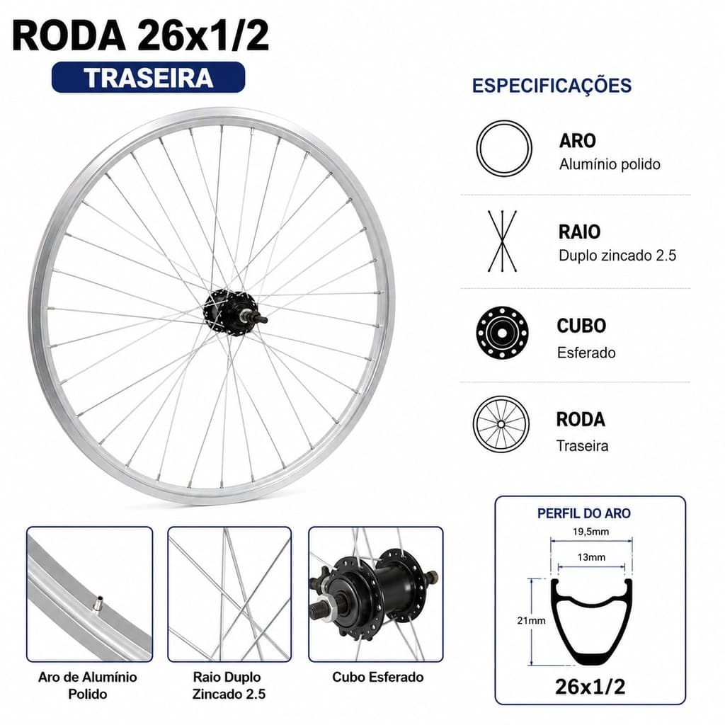 Roda Traseira Aro 26x1.1/2 Polida Natural Cubo Aço 36 Furos Raio Grosso Bicicleta Bike Urbana