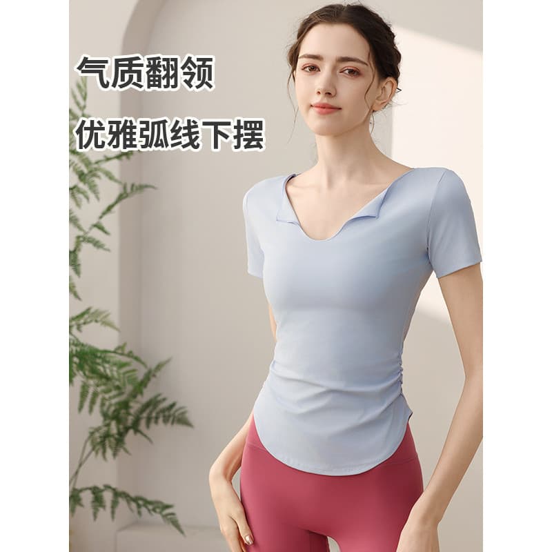 Verão com decote em V Yoga wear esportes topo feminino fino-ajuste mais magro olhar de manga curta camiseta Shorts de ci