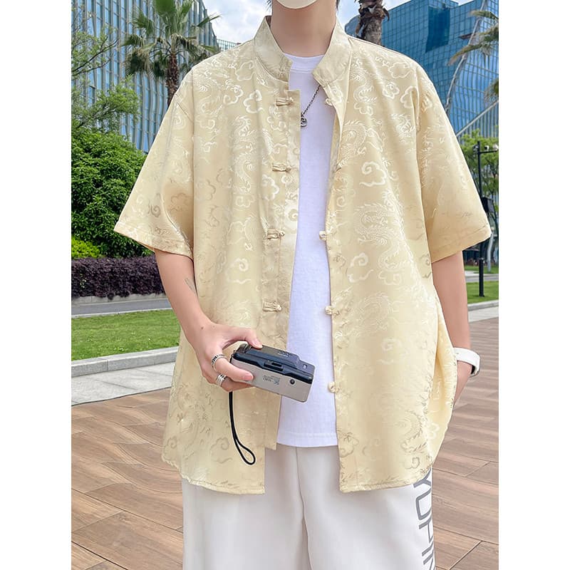 Verão fino dragão padrão camisa de manga curta masculina estilo chinês Tang terno abotoado Hanfu novo estilo chinês topo
