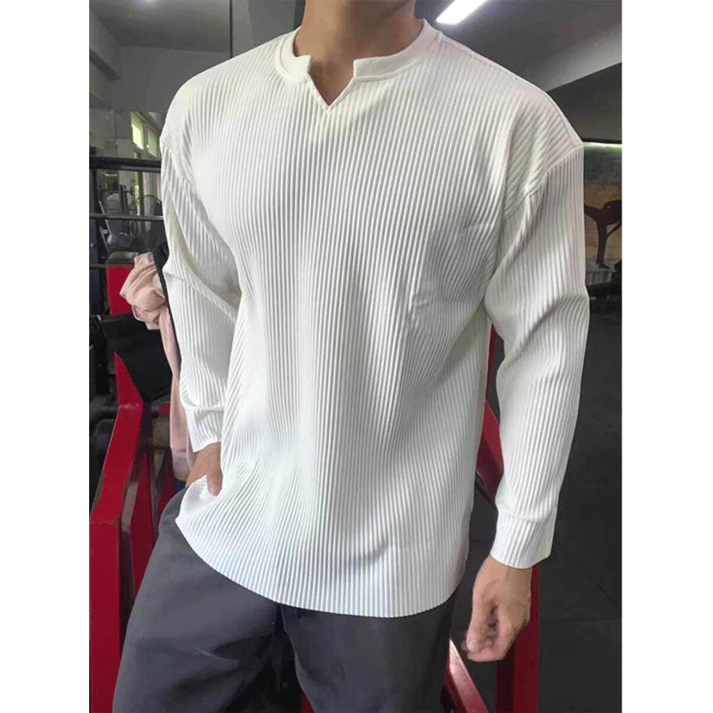 Bens europeus com decote em v rosqueado Pit Strip camiseta masculina textura plissada solta de manga comprida americano