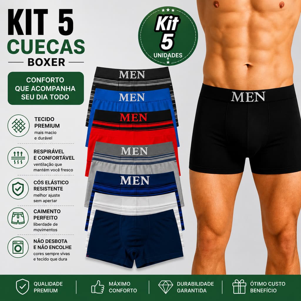 KIT 5 CUECAS BOXER MASCULINO ADULTO CONFORTO