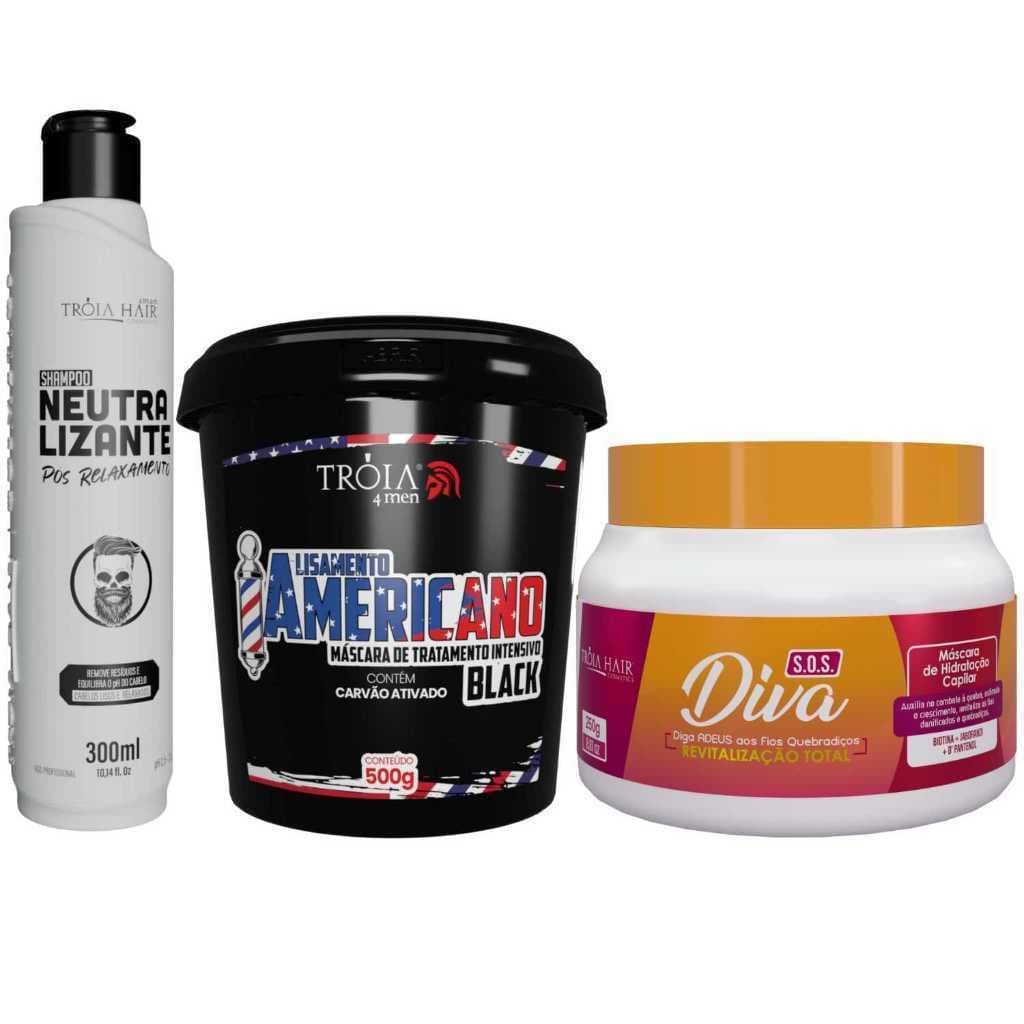 Kit Alisamento Americano Black – Tróia Hair 4Man (500g + 300ml + 250g)