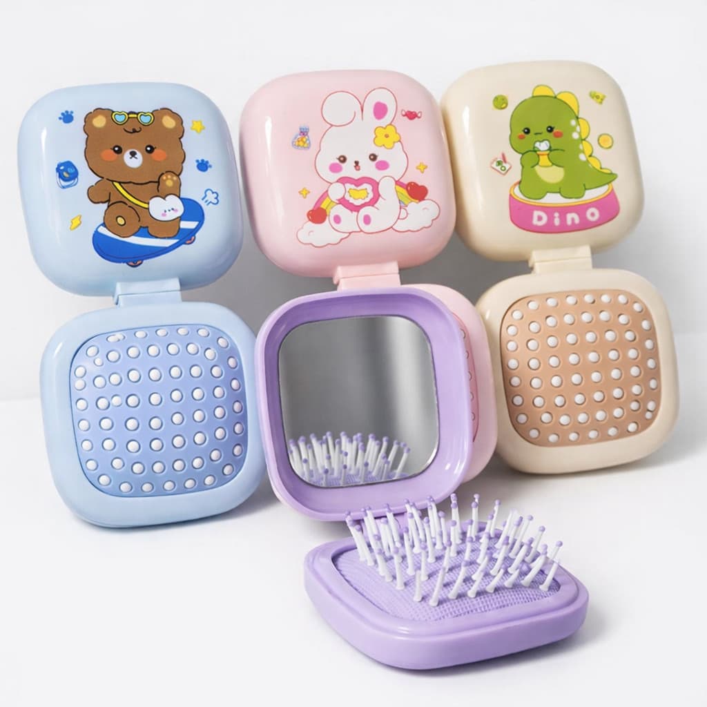 Escova Infantil Mini Dobrável Com Espelho De Bolso Para Cabelo Cerdas Macias Massageadora