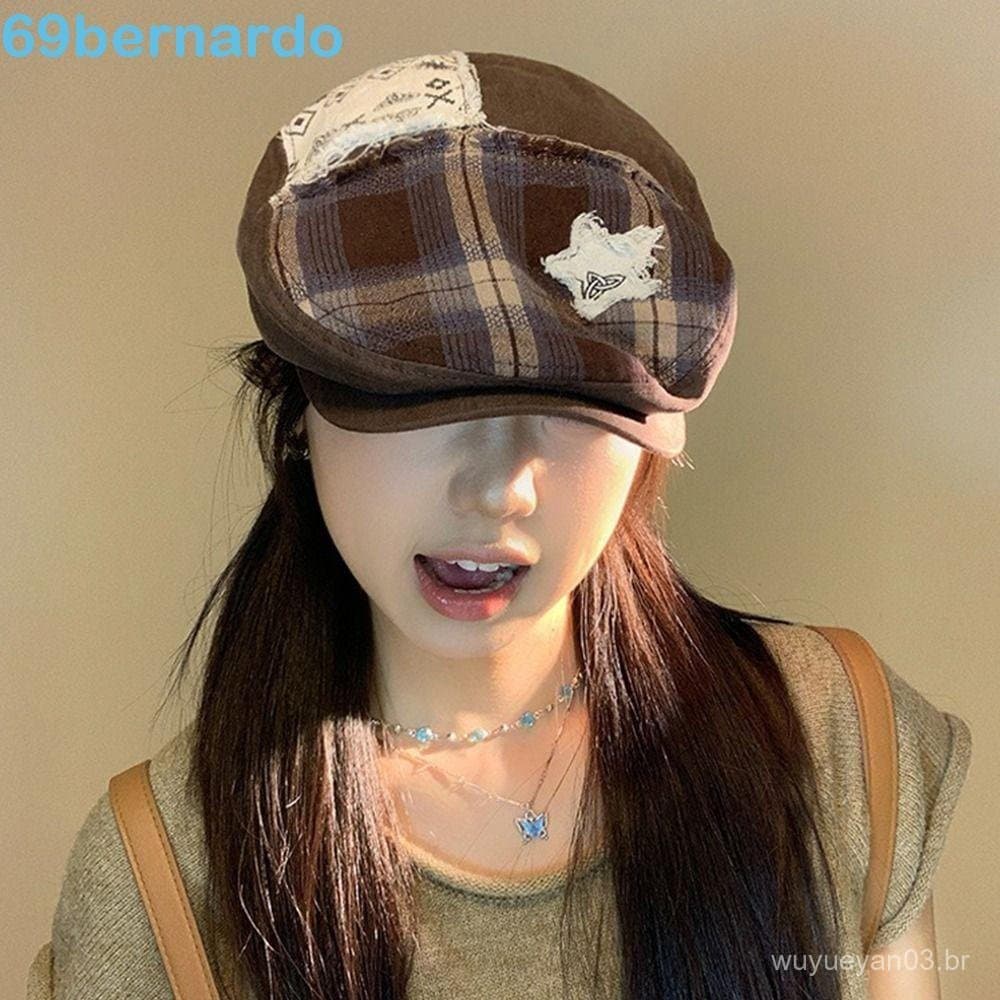 Boné BERNARDO Newsboy , Boina Xadrez Versátil Estrela Americana , Moda Y2k Marrom Vintage Pintor Streetwear
