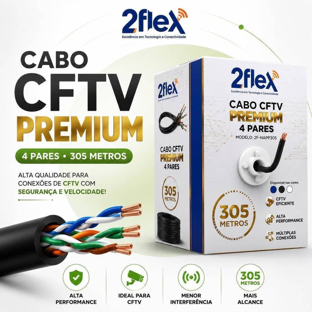Cabo de Rede CAT5e 4 Pares 305 Metros UTP 2Flex Preto Internet CFTV