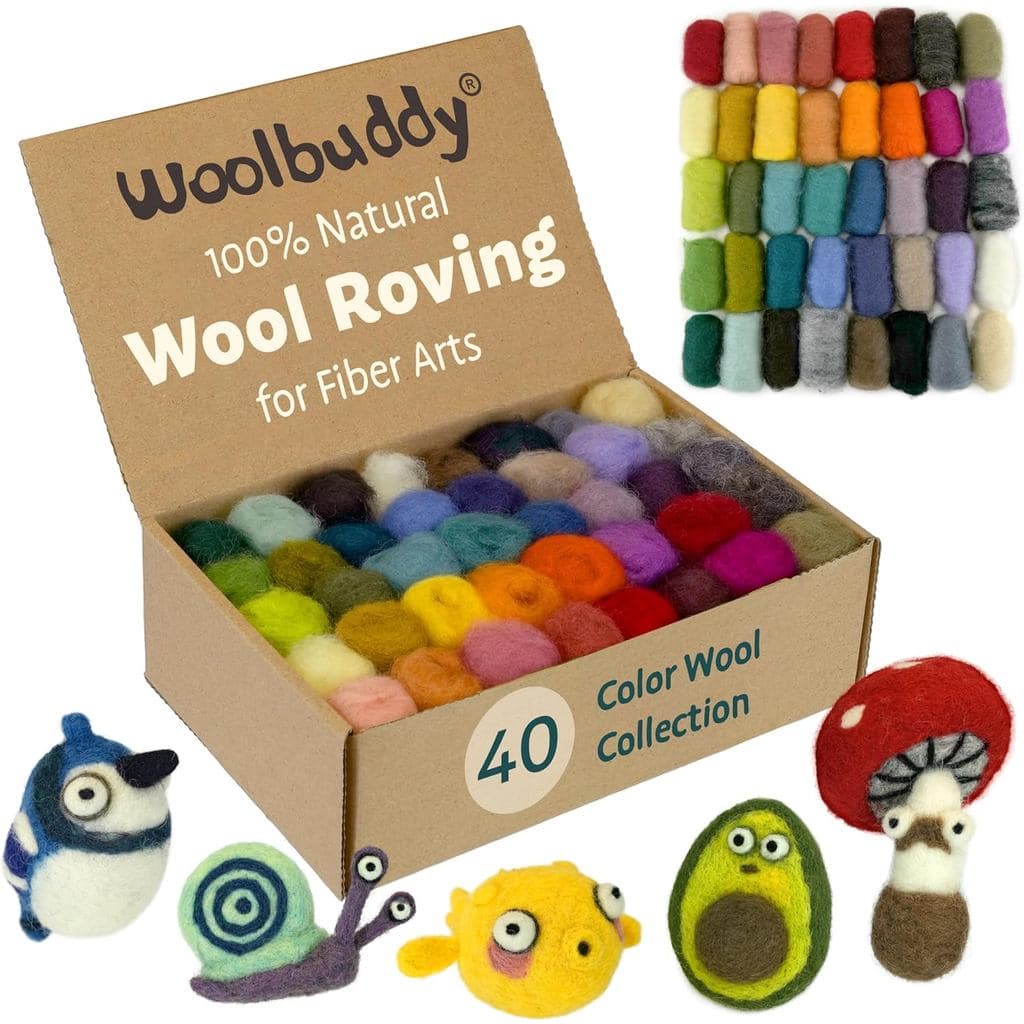 Kit Woolbuddy Wool Roving - 40 Cores Vibrantes de Lã Corriedale para Feltragem a Seco e a Úmido – Lã Cardada Macia para