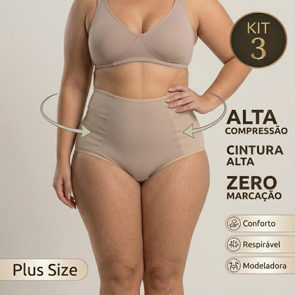 Kit 3 Calcinhas Cinta Modeladora Compressão Cós Alto Suplex Plus Size Excelente para Uso com Vestido