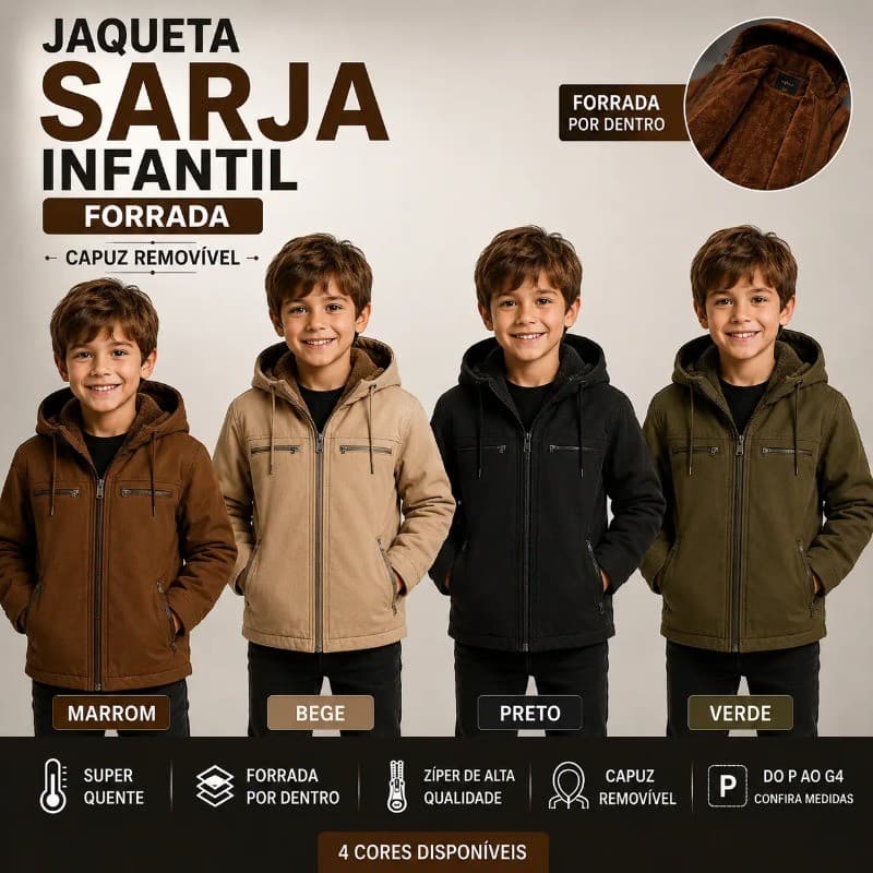 Jaqueta sarja Infantil masculina casaco com capuz e bolsos forrados