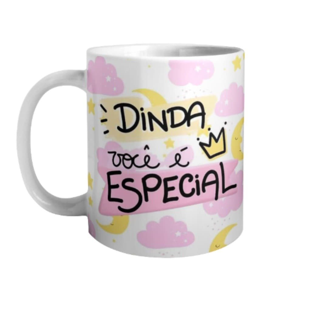 Caneca Dinda Personalizada de Porcelana para Convite Batizado Presente Batismo Xícara