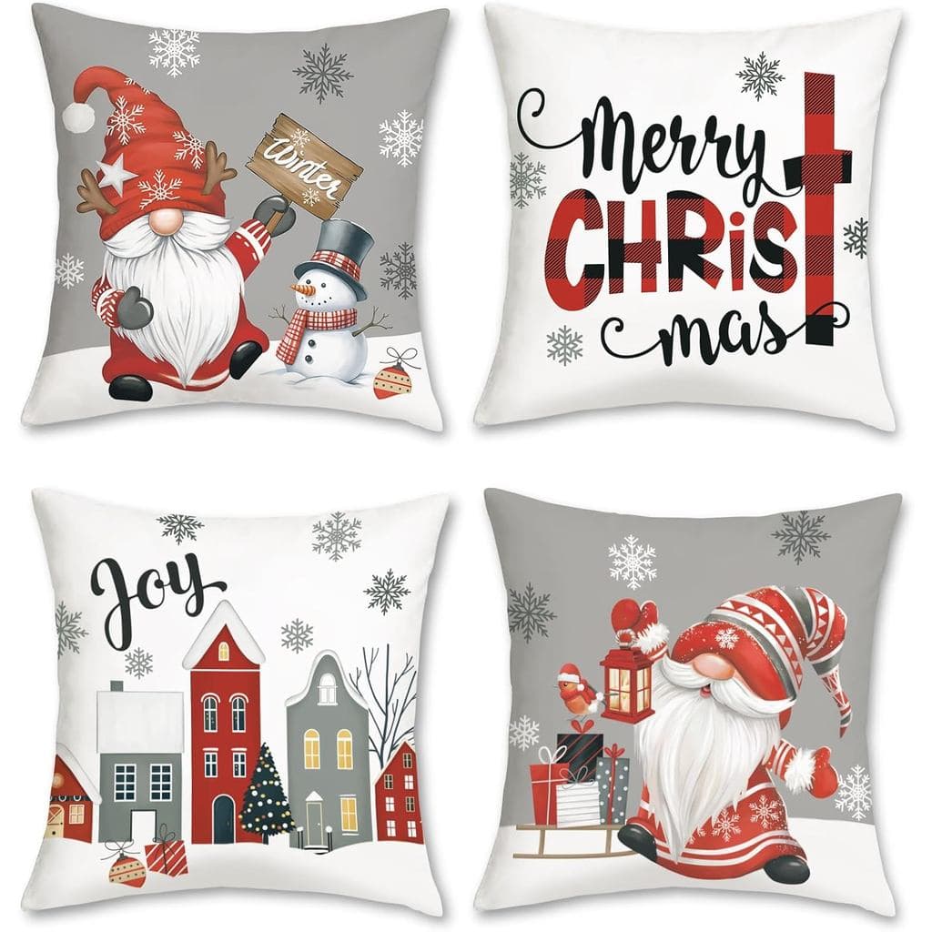 Capas de Almofada Decorativas Bonhause Grey Merry Christmas 18 x 18 Polegadas com Gnomos Alegres, Flocos de Neve e Bonec