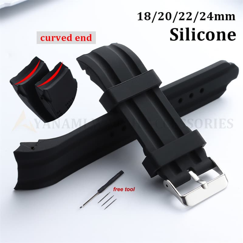 Pulseira De Relógio De Silicone Com Extremidade Curva Universal , 18mm 20mm 22mm 24mm , À Prova D'água , Esportiva , Bor
