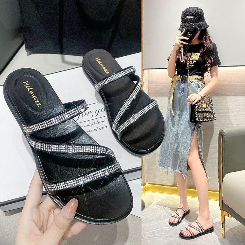 Desgaste exterior moda strass dedo do pé aberto Flip-Flops praia 2026 novo estilo chinelos verão feminino sandálias anti
