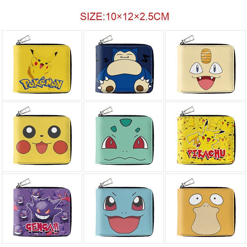 Mercadorias de desenhos animados Pokémon, carteira curta com zíper em material PU, porta-moedas portátil.