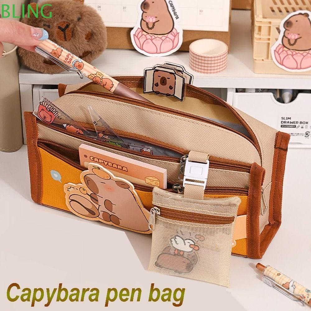Bolsa De Caneta BLING , Armazenamento De Papelaria De Grande Capacidade De Capivara , Com Malha Organizador Portátil